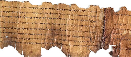 A high-resolution close-up of an ancient Dead Sea Scroll fragment made of tanned animal skin. The text is written in vertical columns using the Paleo-Hebrew script, showing clear, dark ink on a light brown, weathered parchment background.